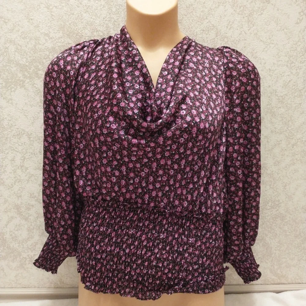 Leyden Women's Smocked Black And Purple Floral Blouse